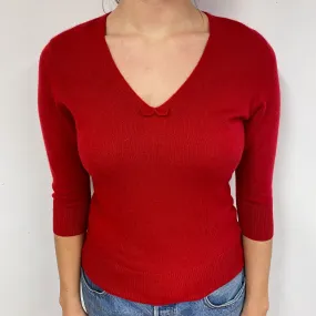 Red 3/4 Sleeve Cashmere V-Neck Jumper Small