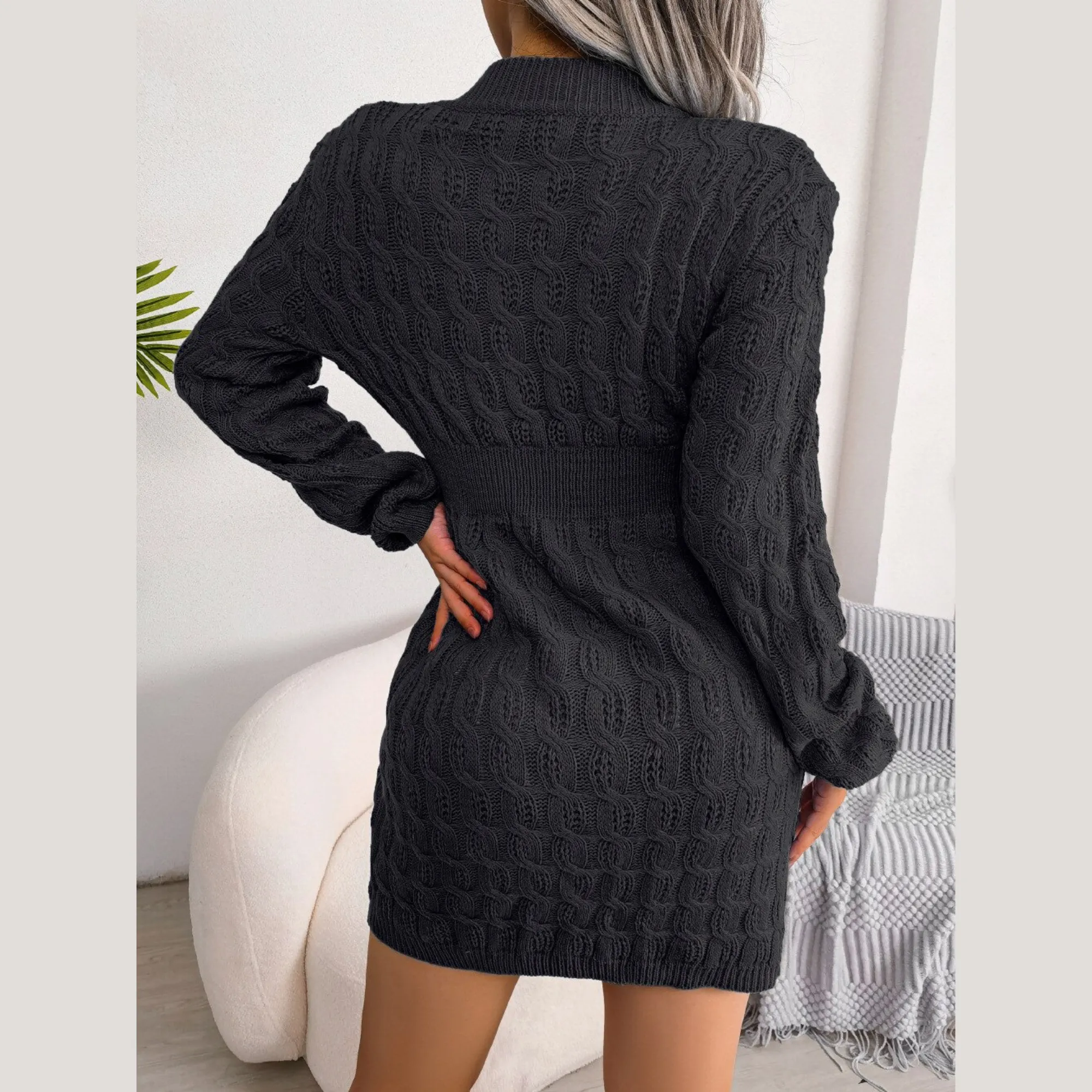 Samara - Black Cable Knit Mini Sweater Dress