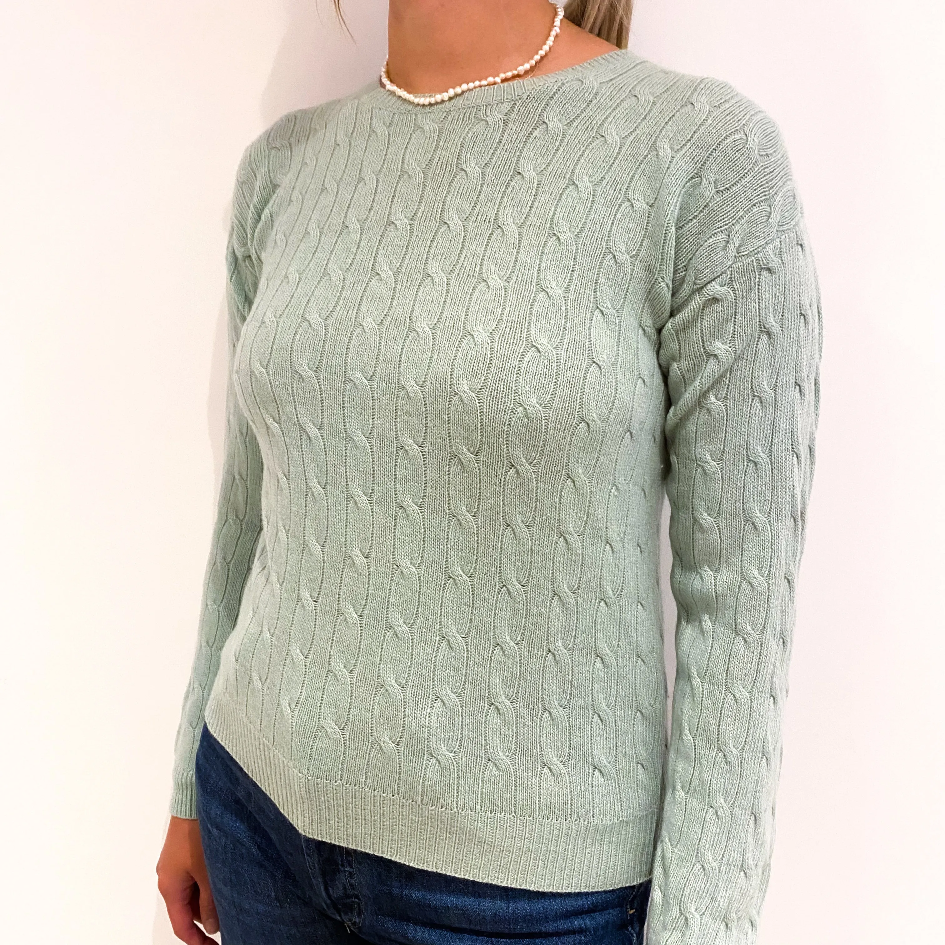 Sea Green Cable Knit Cashmere Crew Neck Jumper Small