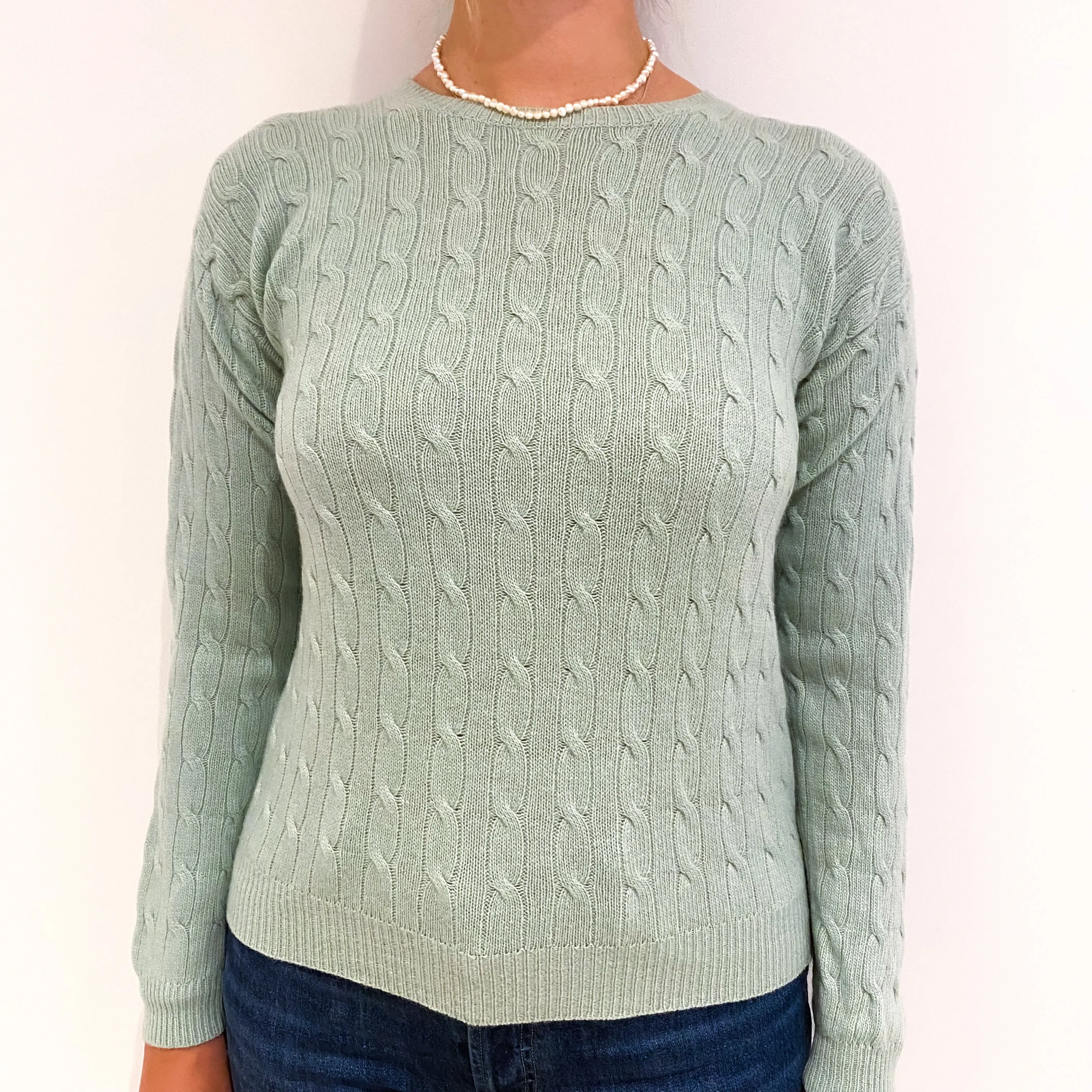 Sea Green Cable Knit Cashmere Crew Neck Jumper Small