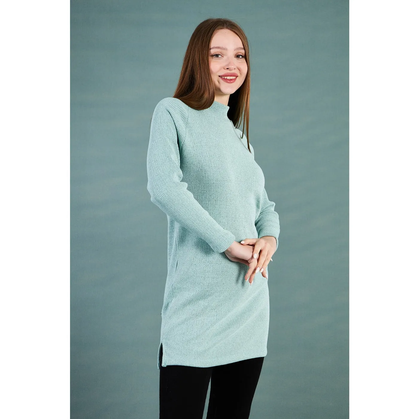 Sea Green Ribbed Long Sweatshirt