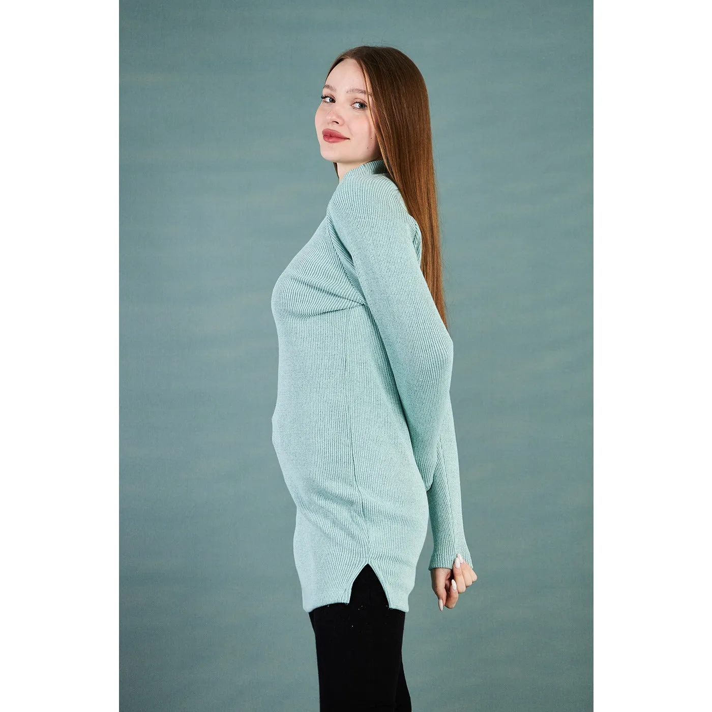 Sea Green Ribbed Long Sweatshirt
