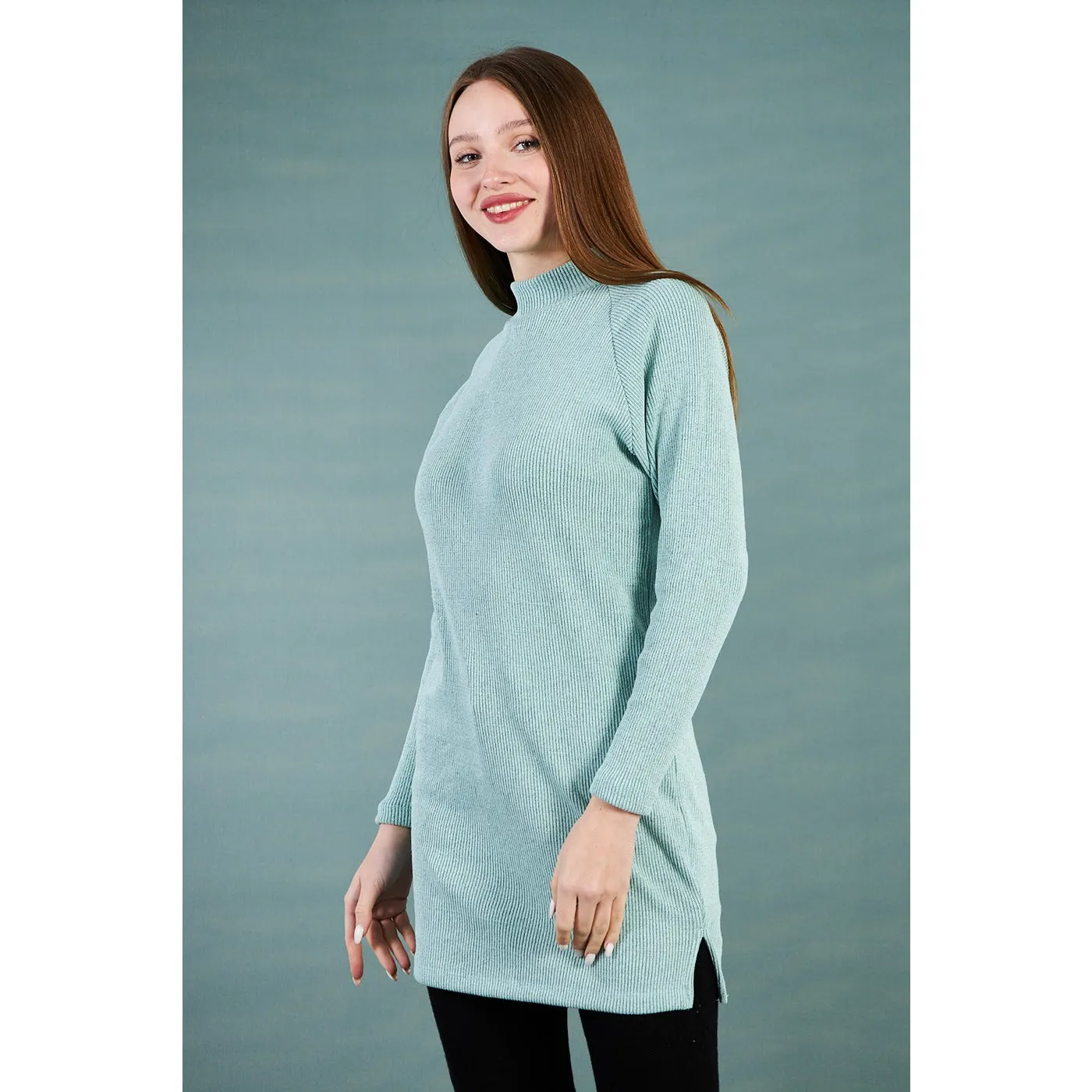 Sea Green Ribbed Long Sweatshirt