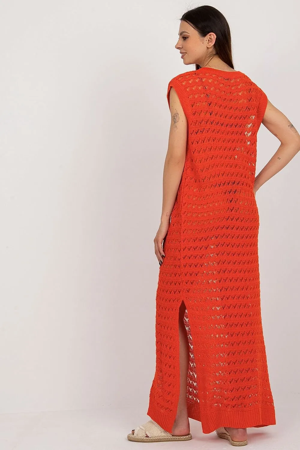 Sea Mist Elegance - Long Knit Sleeveless Dress with Stylish Side Slits
