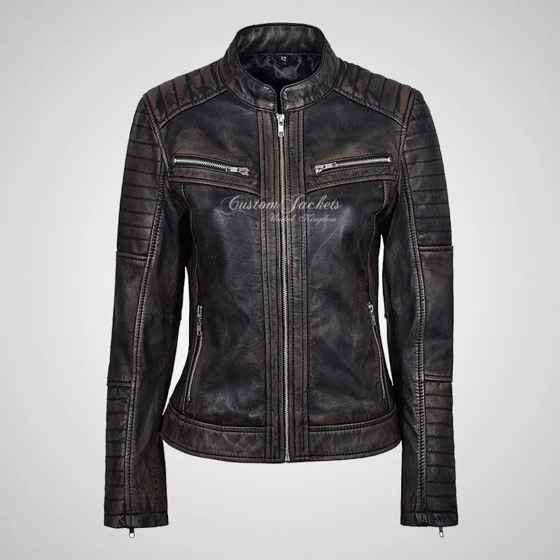 SERA Women Vintage Leather Biker Jacket Soft Real Leather