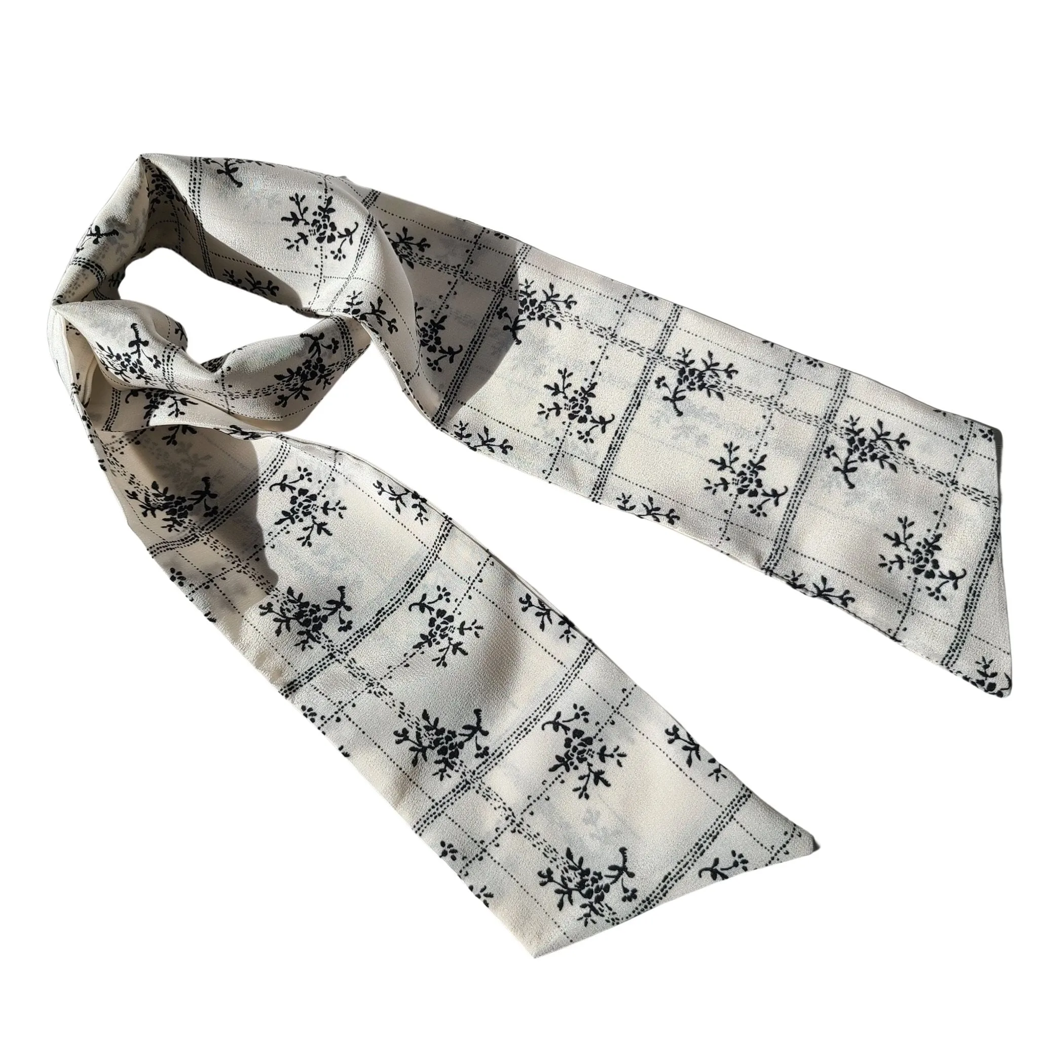 Silk Head Scarf - White Linear Floral