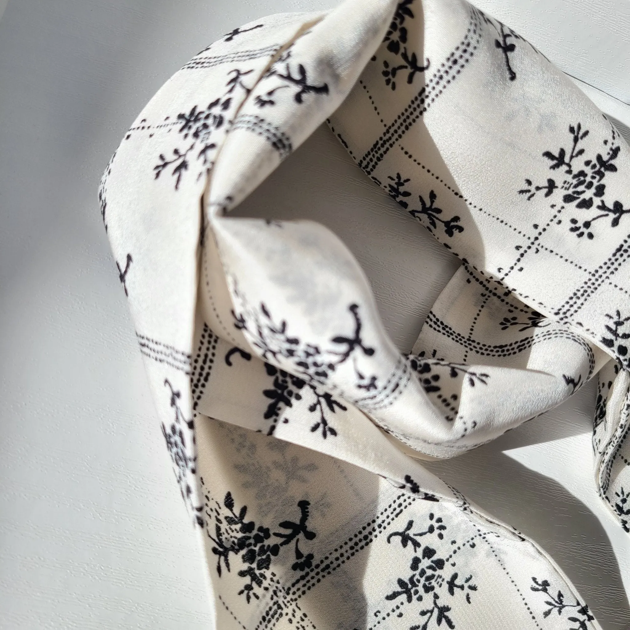 Silk Head Scarf - White Linear Floral