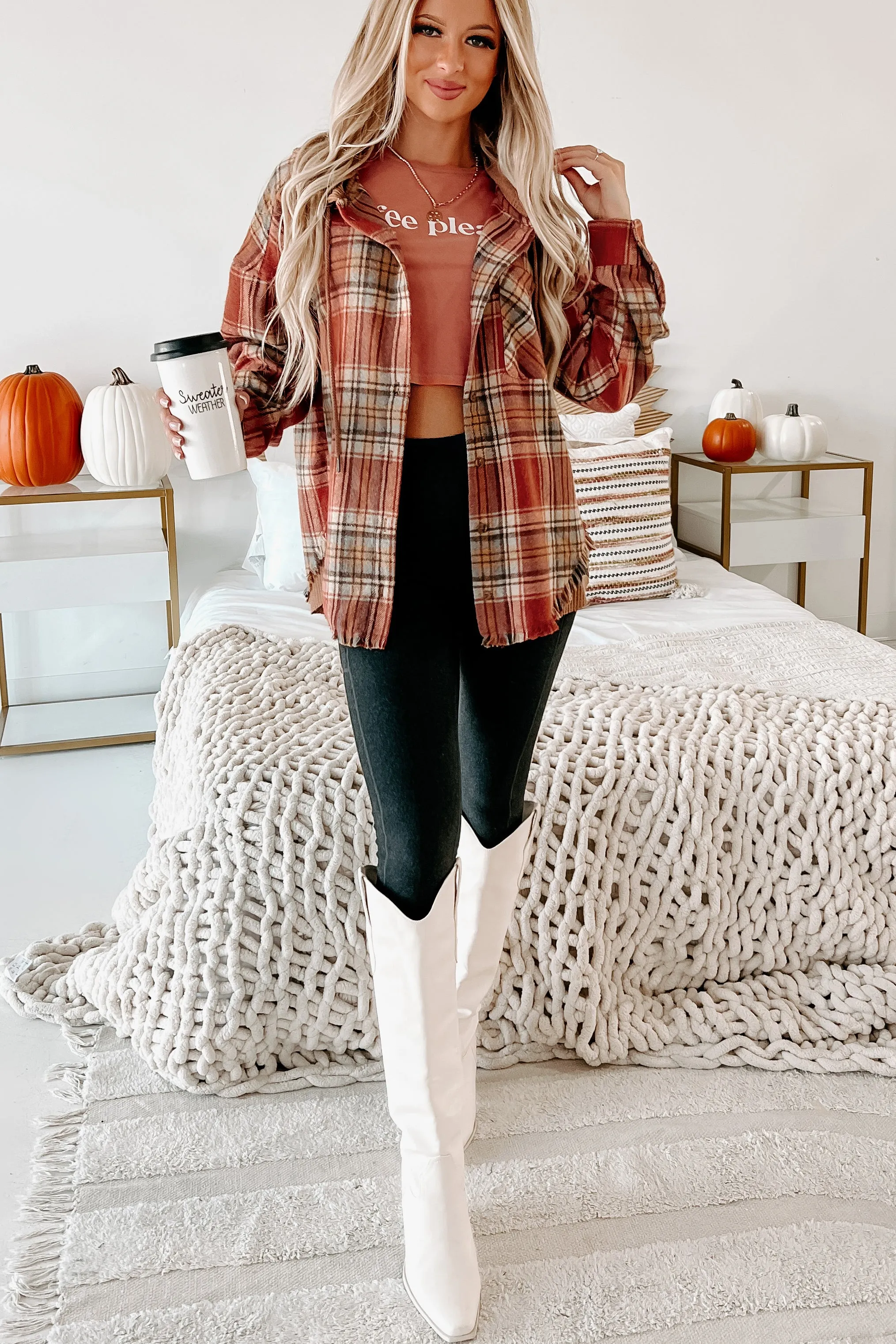 S'more Than A Feeling Hooded Plaid Shacket (Rust)