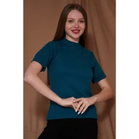 Teal Blue Melange Mock Neck Half Sleeves