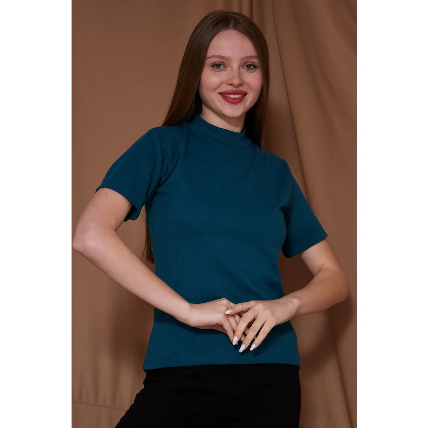 Teal Blue Melange Mock Neck Half Sleeves
