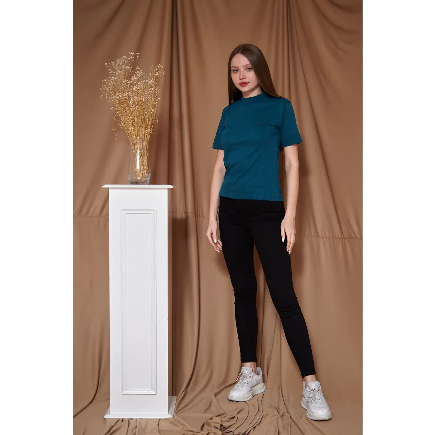 Teal Blue Melange Mock Neck Half Sleeves