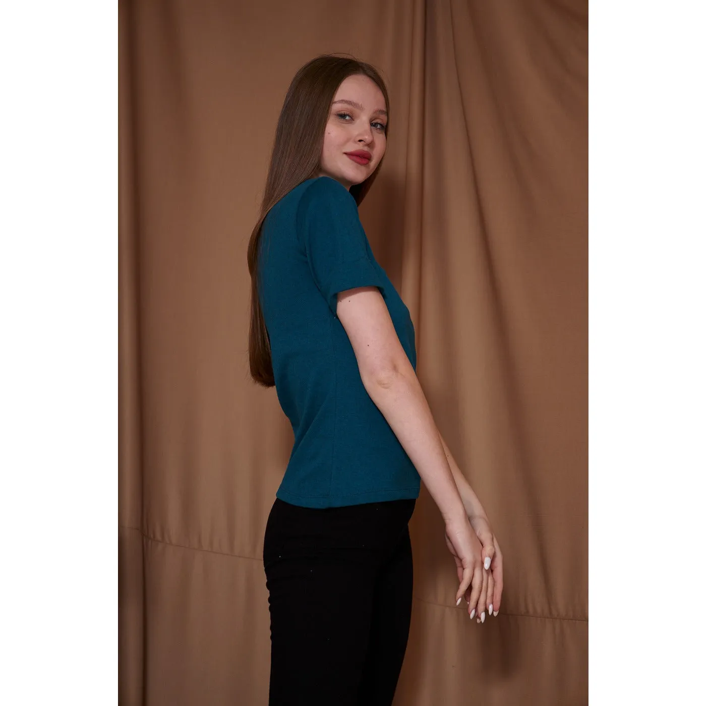 Teal Blue Melange Mock Neck Half Sleeves