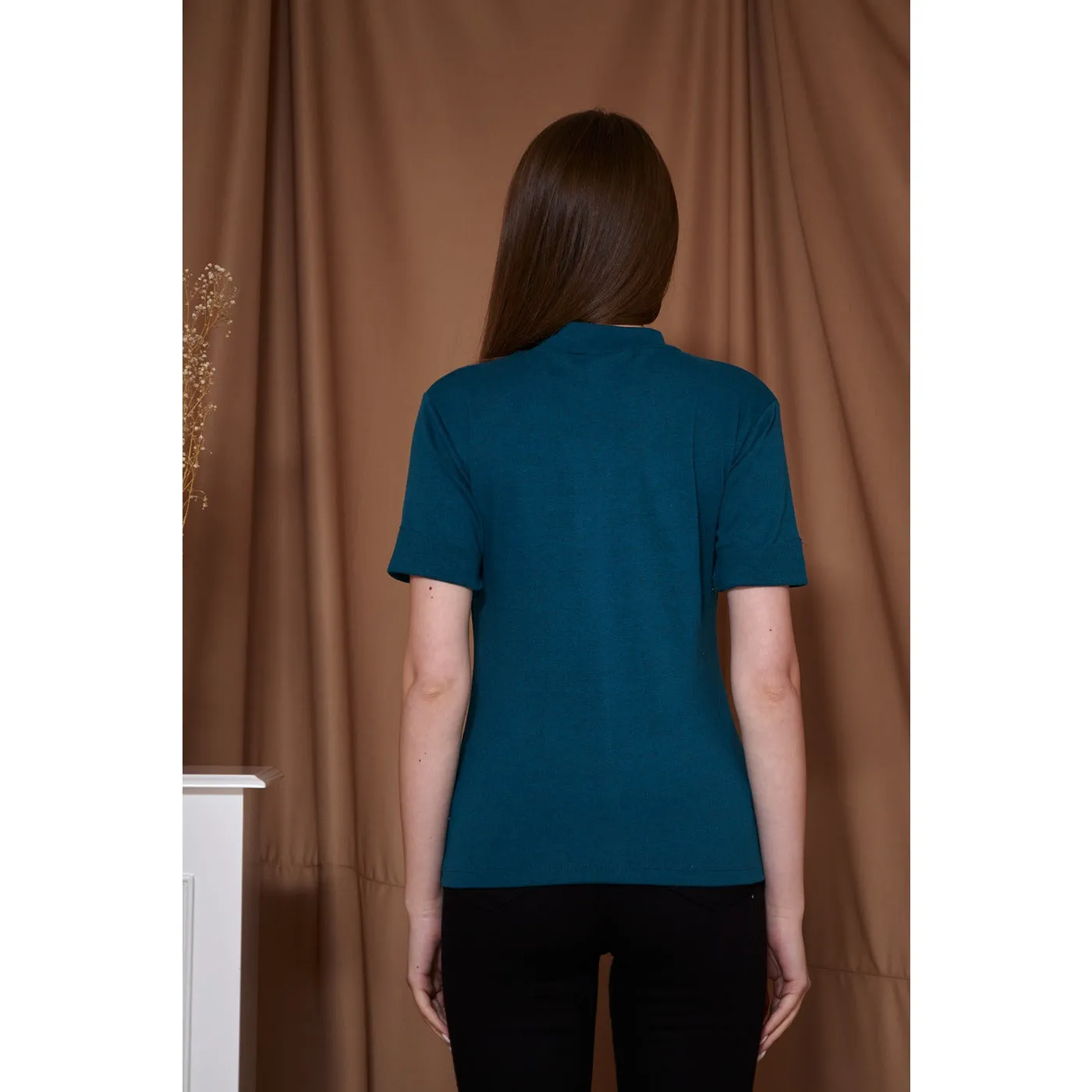 Teal Blue Melange Mock Neck Half Sleeves
