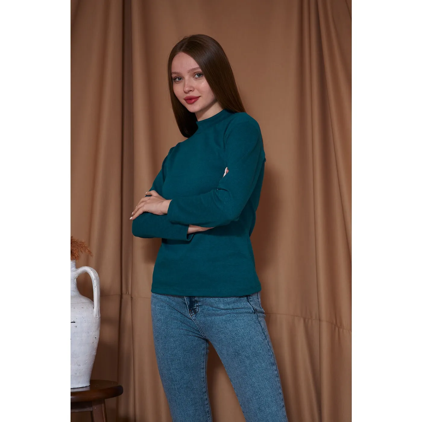 Teal Blue Melange Mock Neck Sweatshirt