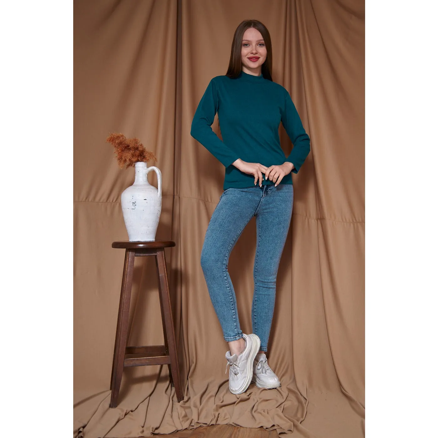 Teal Blue Melange Mock Neck Sweatshirt