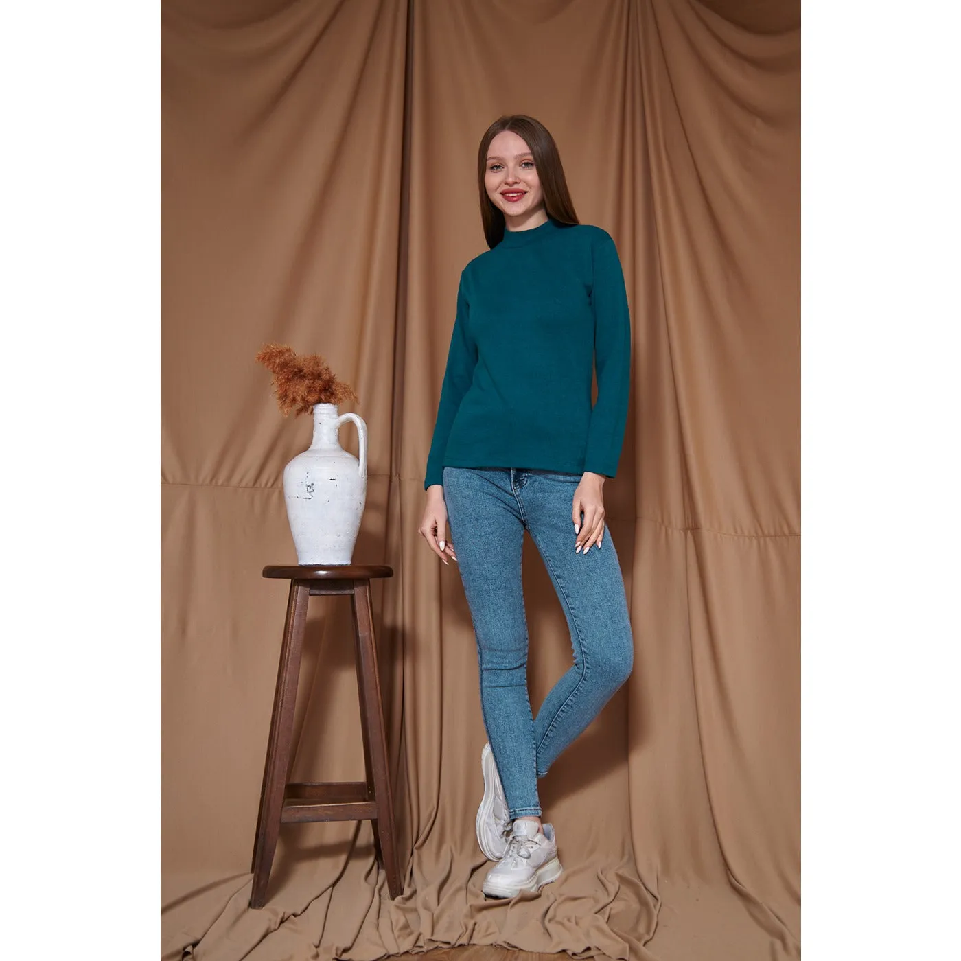Teal Blue Melange Mock Neck Sweatshirt