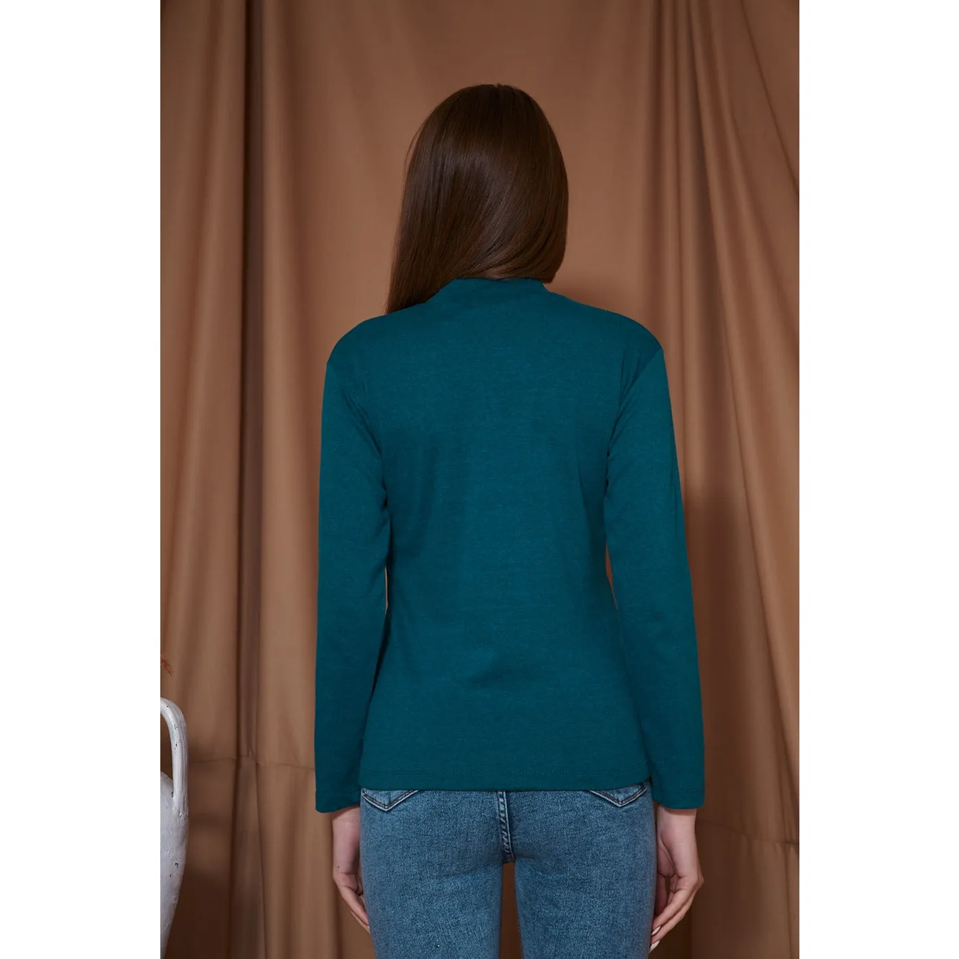 Teal Blue Melange Mock Neck Sweatshirt