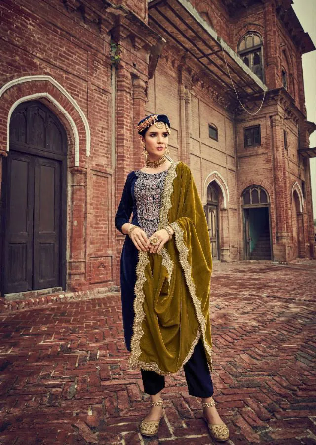 Unstitched Blue Winter Velvet Salwar Suits Material for Women