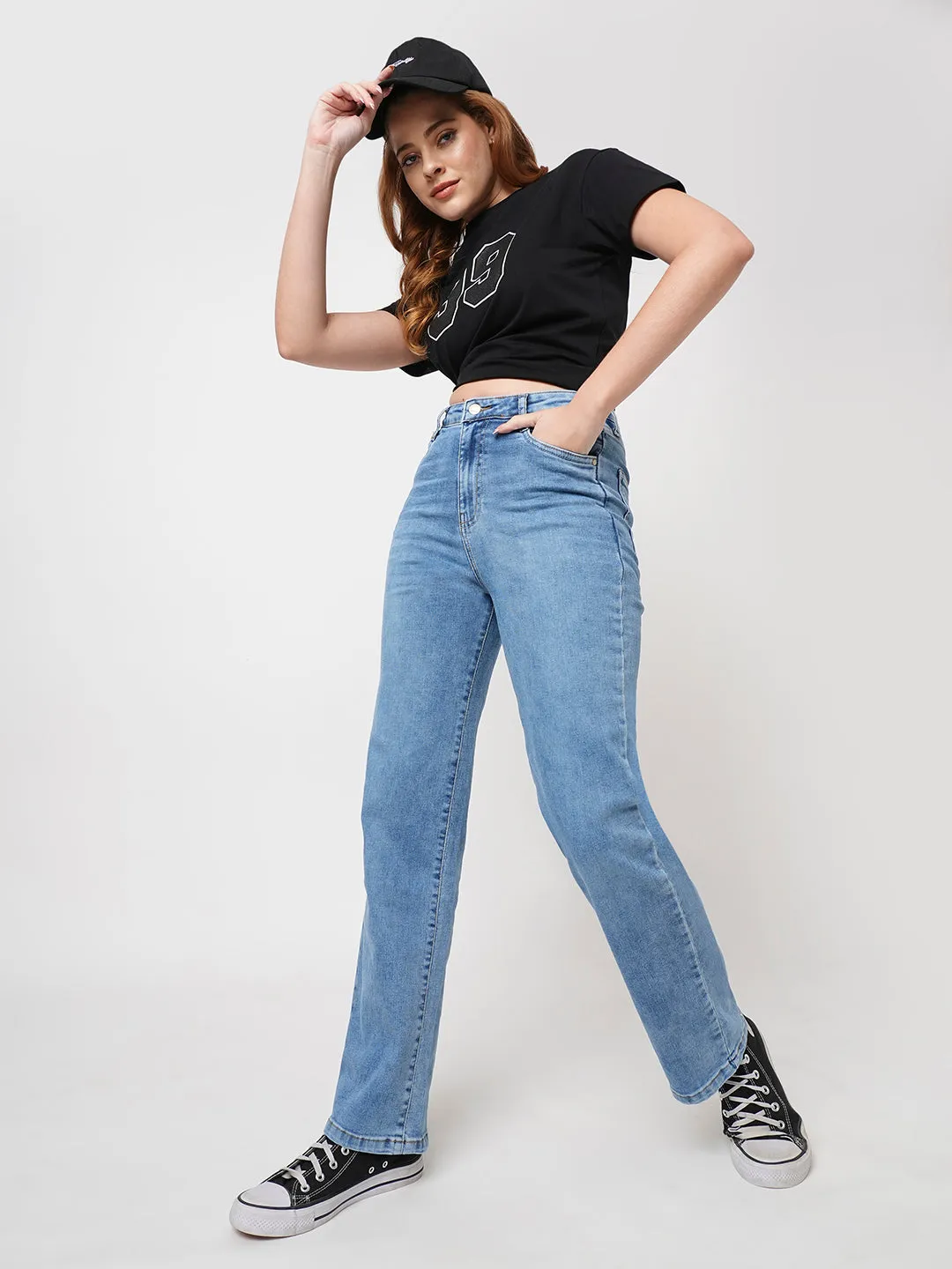 Women Blue High-Rise Loose Straight Jeans