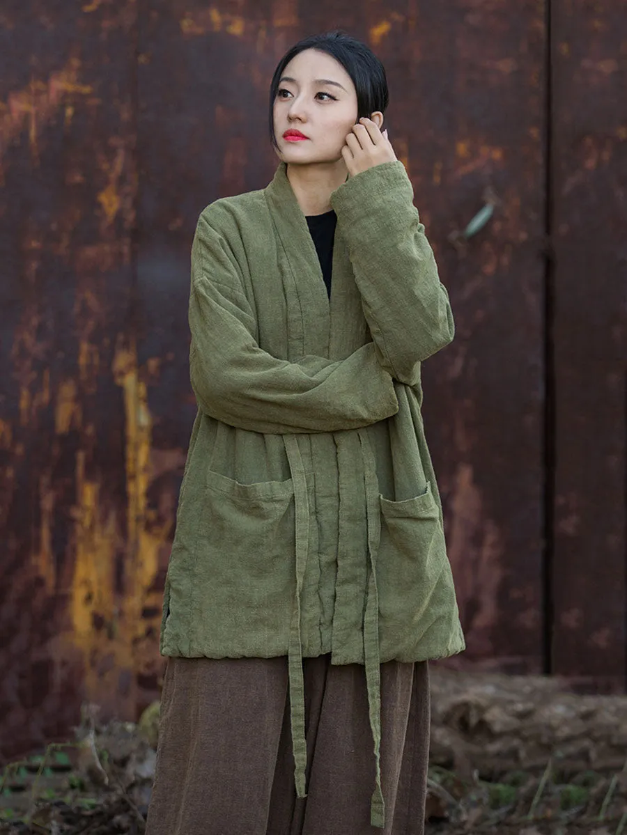 Women Winter Vintage Solid Drawstring Cotton Padded Coat