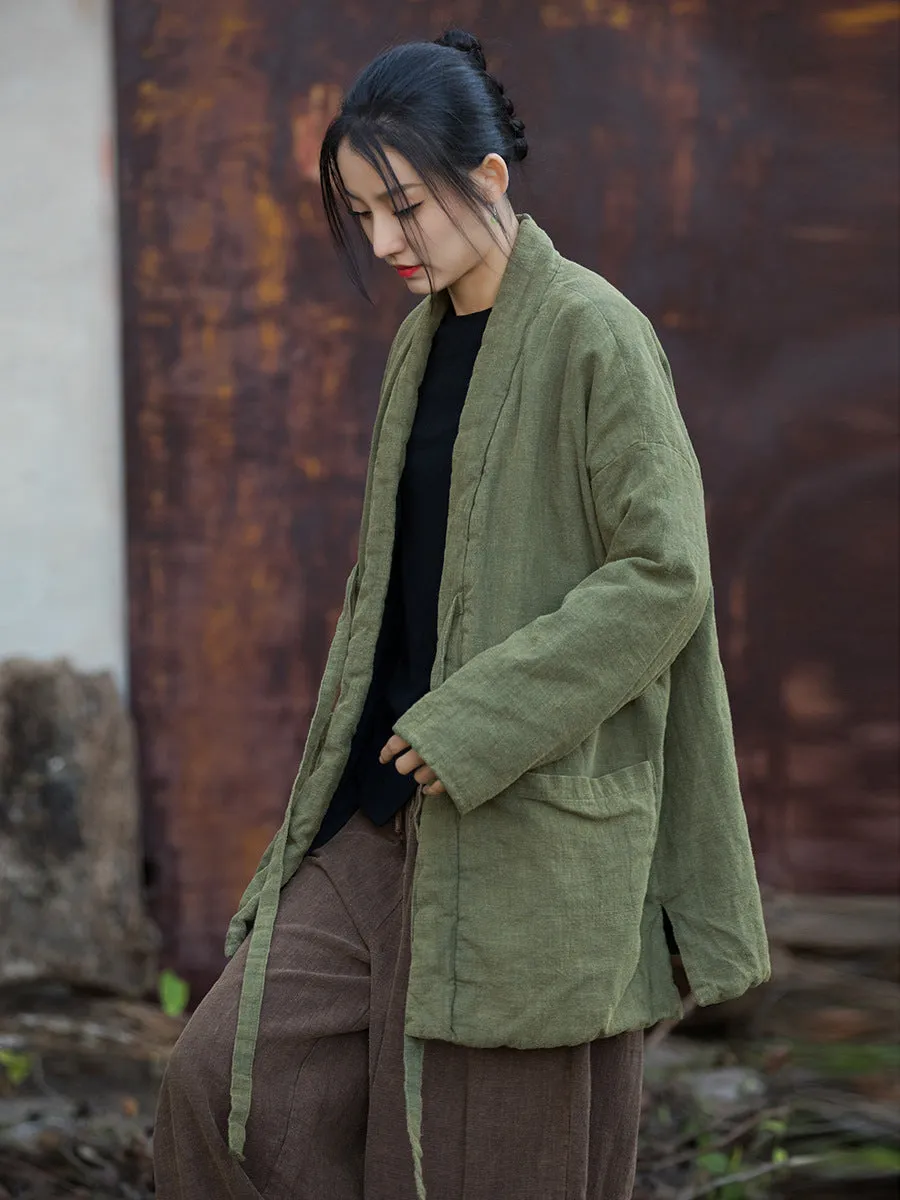 Women Winter Vintage Solid Drawstring Cotton Padded Coat