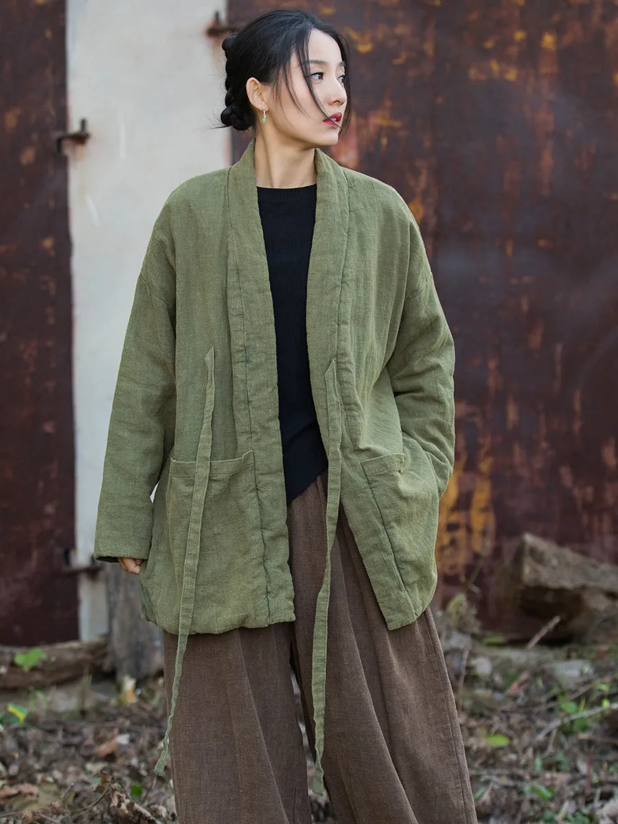 Women Winter Vintage Solid Drawstring Cotton Padded Coat