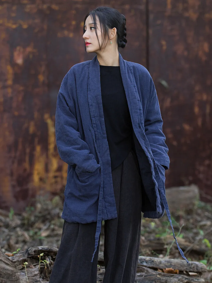 Women Winter Vintage Solid Drawstring Cotton Padded Coat