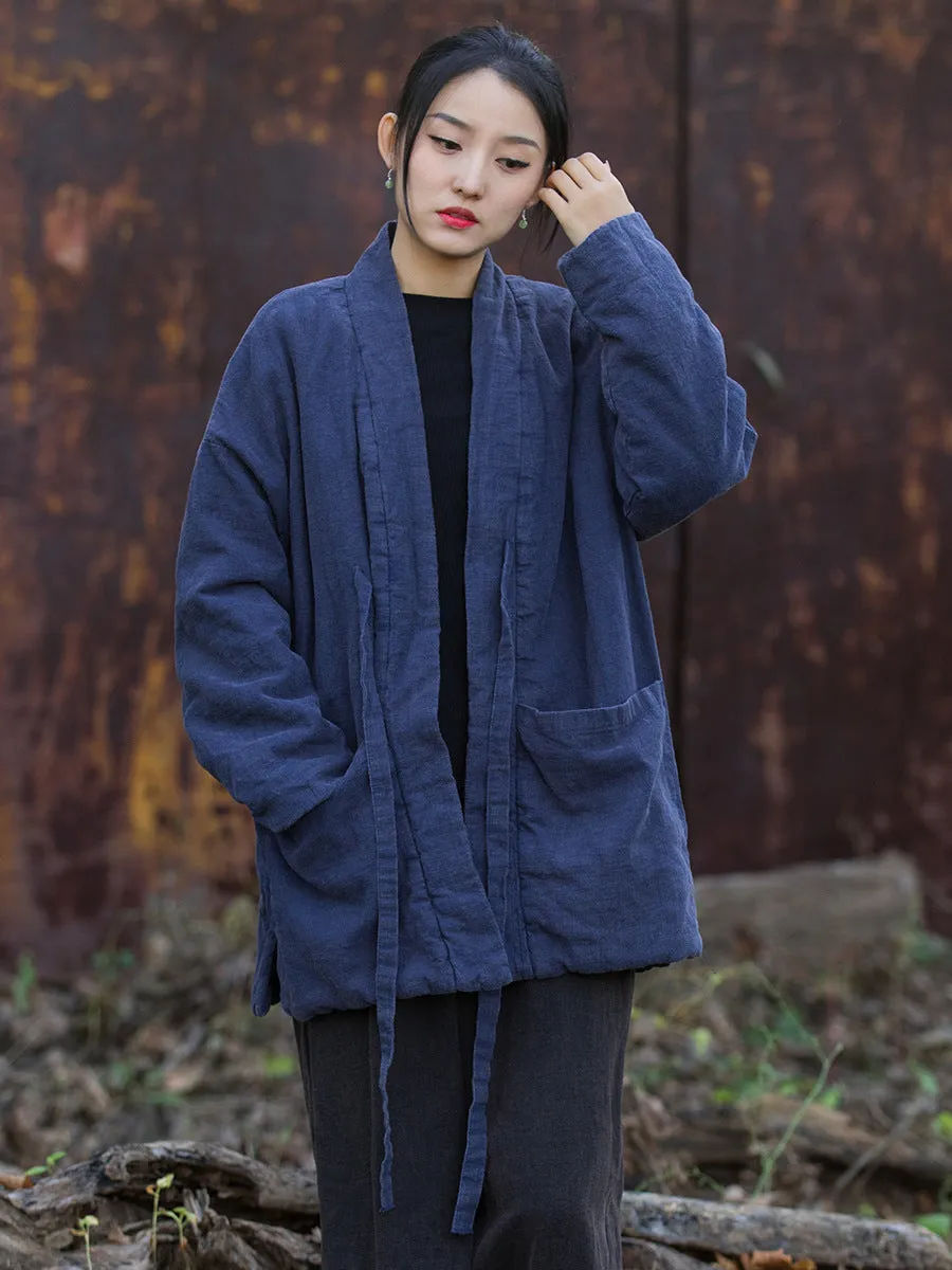 Women Winter Vintage Solid Drawstring Cotton Padded Coat