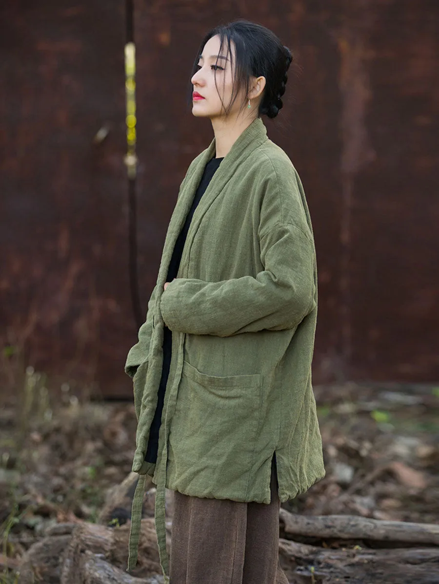 Women Winter Vintage Solid Drawstring Cotton Padded Coat