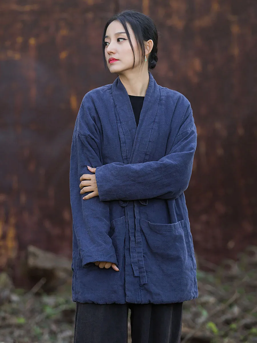 Women Winter Vintage Solid Drawstring Cotton Padded Coat