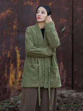 Women Winter Vintage Solid Drawstring Cotton Padded Coat