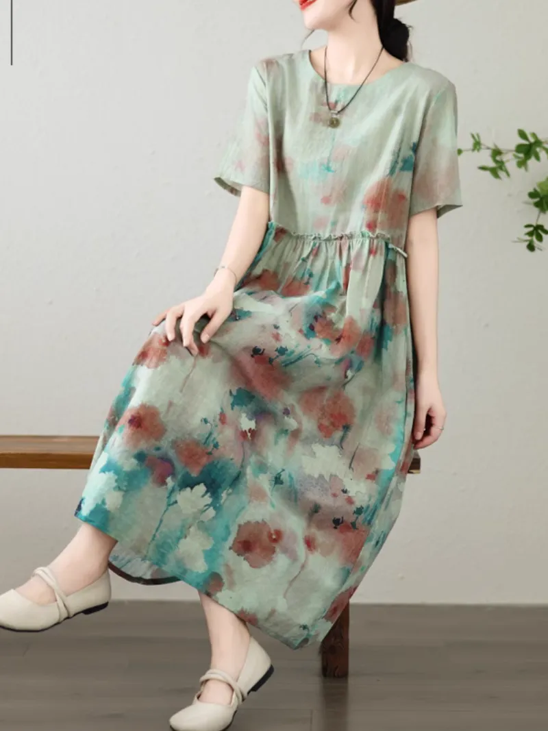 Women's Stylish and Versatile  Printed Mid-Length Loose A-Line Dress